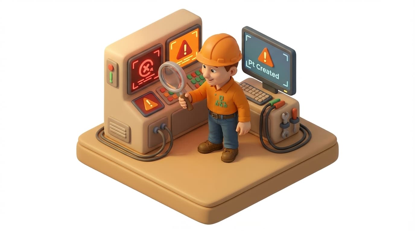 Sharp PI hero illustration for Troubleshooting 'Pt Created' Status in PI AF Analytics Output Tags in troubleshooting style, showing control panel with warning signs, magnifying glass, and error screen.