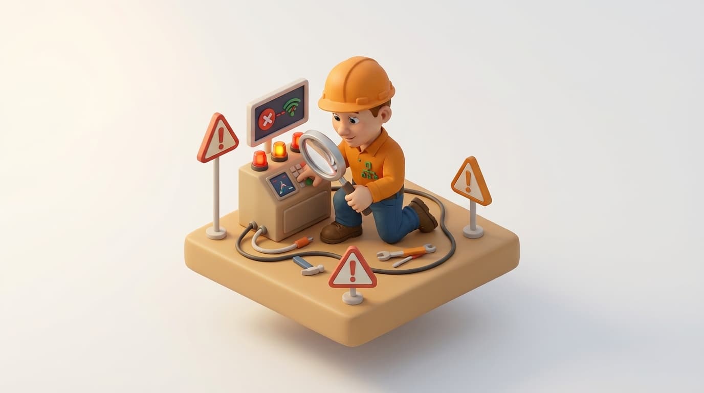 Sharp PI hero illustration for Troubleshooting 'RPC Resolver is Off-Line' in PI SMT in troubleshooting style, showing control panel with warning signs, magnifying glass, and error screen.