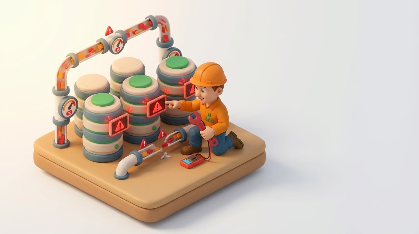 Sharp PI hero illustration for Troubleshooting 'Unable to set NumberFormatLocal' in PI DataLink in troubleshooting style, showing data storage tanks with flow meters and streaming data pipes.