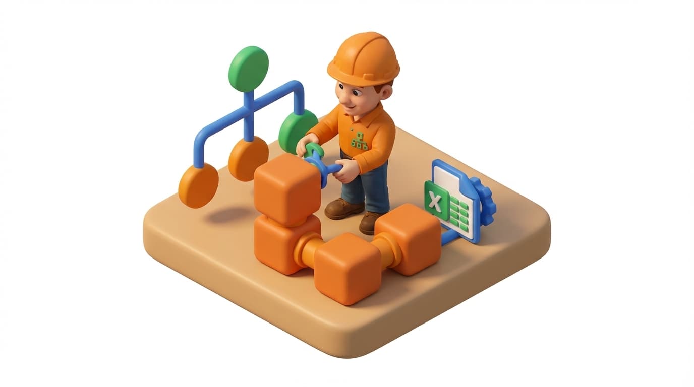 Sharp PI hero illustration for Unlocking PI DataLink's PICurrVal in VBA for Excel Automation in technical editorial style, showing connected building blocks and node hierarchy diagram.