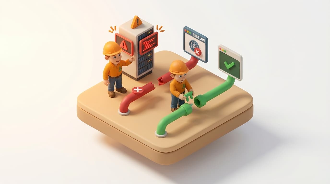 Sharp PI hero illustration for Updating PI Point Security: Why PI Web API Fails & How PIthon Succeeds in troubleshooting style, showing server rack with REST API endpoint arrows and data pipes.